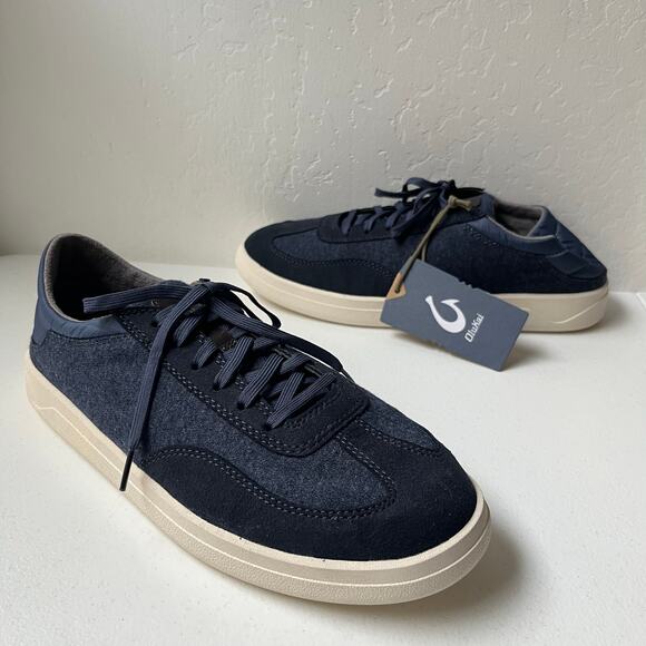 Olukai Puliki Sneakers Men's 10.5 Blue Suede Lace-Up Drop Heel Comfort NEW